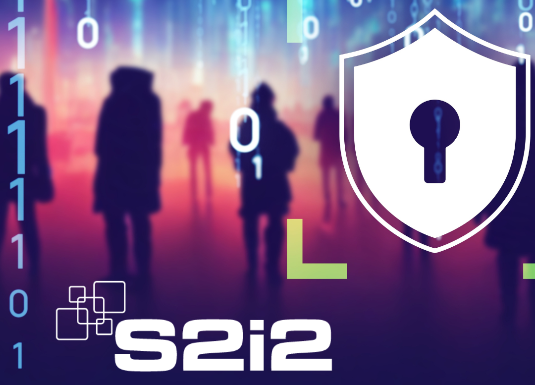 blurry image of obscure people in background with data streams running through image and illustration of padlock with S2i2 logo at bottom of image