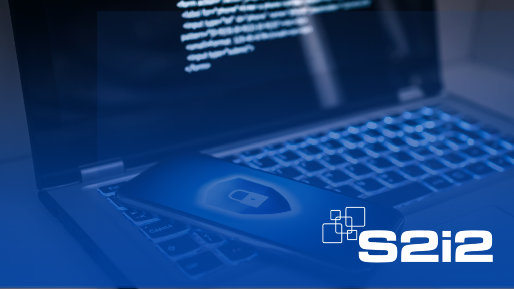Blue overlay on laptop and mobile device displaying authentication status symbols